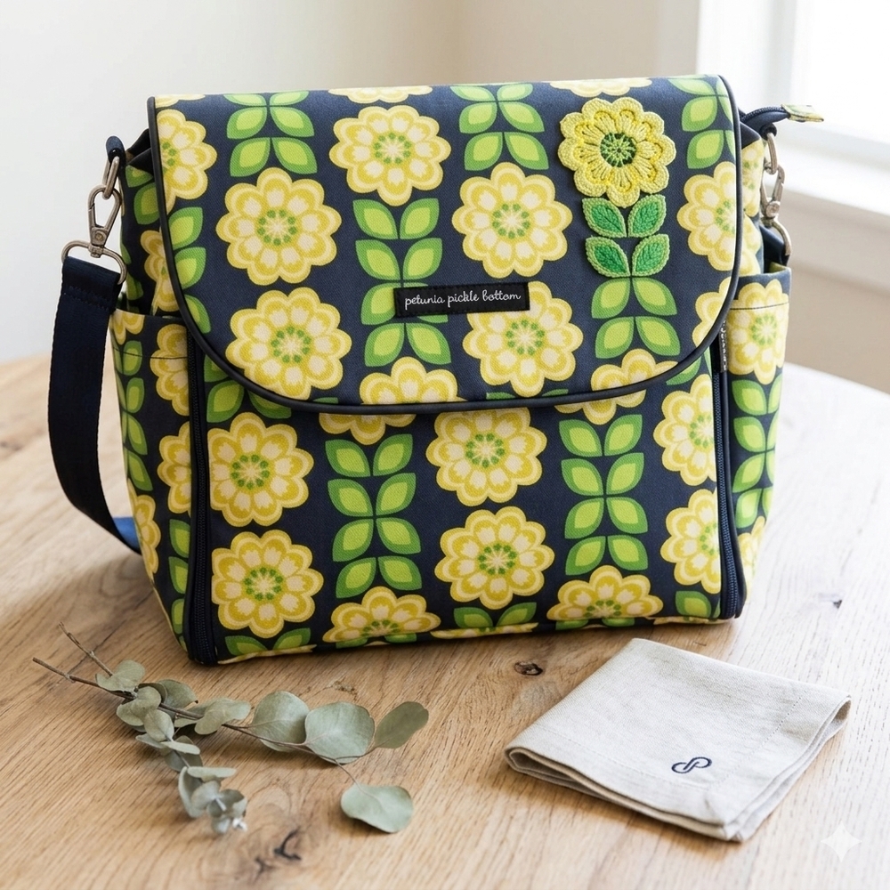 Petunia Pickle Bottom Navy Floral Baby Bag with Yellow & Green Accents
